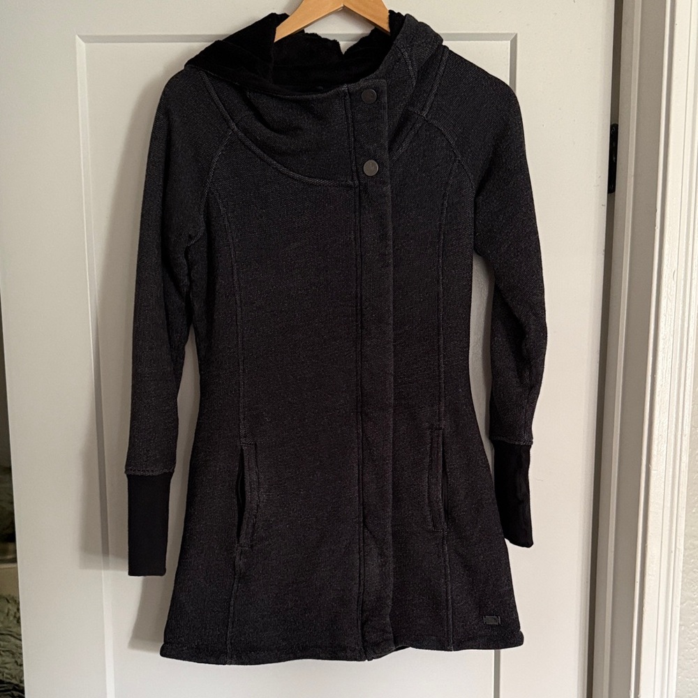Women’s deep gray and black Hooded Coat with zip and button Closure